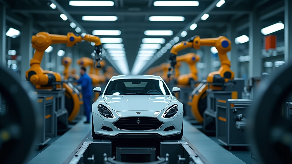 Automatizovaná výrobní linka s roboty v automobilovém průmyslu, robotika a výroba