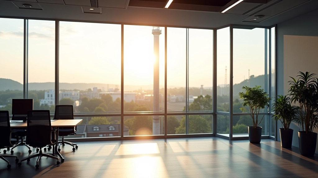 Moderní kancelářský prostor s výhledem na české město a průmyslové objekty