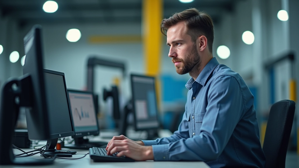 Technik v moderní dílně pracující s počítačovým softwarem a strojními nástroji