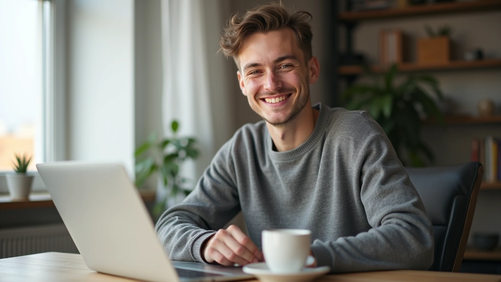 Mladý pracovník pracující na notebooku z domova v menším městě